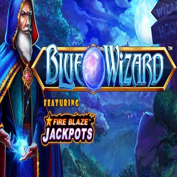 Blue Wizard Fire Blaze Jackpots slot logo by Rarestone Gaming at Gizbo Casino